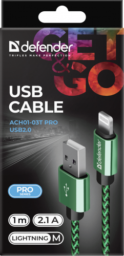 Кабель DEFENDER ACH01-03T PRO USB2.0, зеленый, AM-LightningM, 1m, 2.1A (1/100) (87810) фото 8