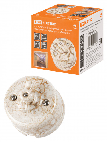 Выключатель фарфоровый поворотный перекрёстный с ручкой (бантик) 10А мраморный «Болонь» TDM (1/72) (SQ1820-0114)