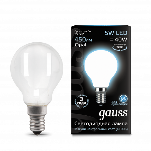 Лампа светодиодная GAUSS Filament Шар 5W 450lm 4100К Е14 milky 1/10/50 (105201205) Лампа светодиодная GAUSS Filament Шар 5W 450lm 4100К Е14 milky 1/10/50 (105201205)