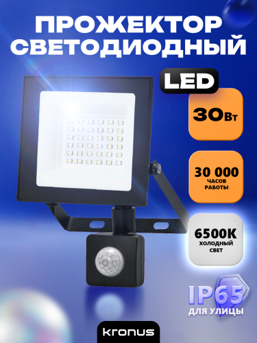 Прожектор светодиодный КRONUS 30 Вт 6500К пылевлагозащита-IP44 220В с датчиком движения холодный свет черный корпус (1/40) (KRS-02-0008)