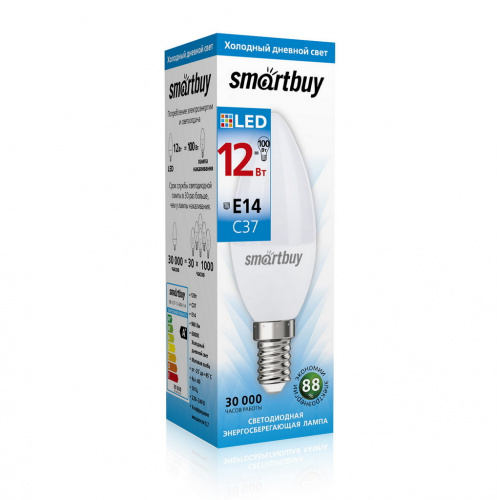 Лампа светодиодная SMARTBUY C37 12Вт 220V 6000K E14 (холодный свет) (10/100) (SBL-C37-12-60K-E14)