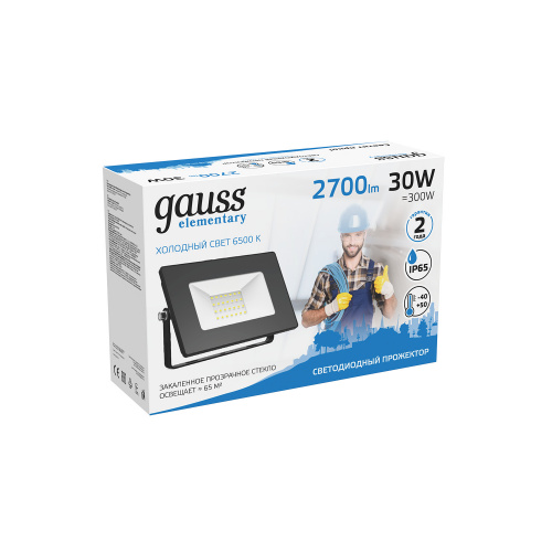 Прожектор светодиодный GAUSS Elementary 30W 2700lm IP65 6500К G2 черный (1/48) (613100330) фото 2