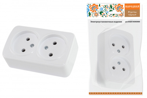Розетка двойная 2П открытой установки IP20 10А, белая "Дача" Народная (1/10/100) (SQ1824-0009)
