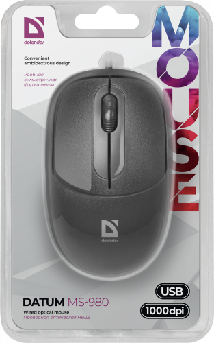 Мышь проводная DEFENDER Datum MS-980, USB, 3 кнопки, 1000 dpi, черный (1/40) (52980) фото 4