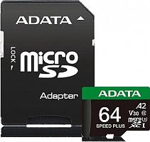 Карта памяти MicroSD  64GB  A-Data Class 10 Speed Plus U3 V30 A2 UHS-I (160/140 Mb/s) + SD адаптер (UD64GUI3V30A2SP-RA1)