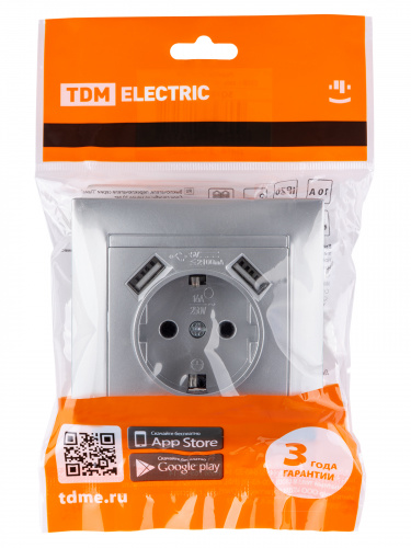 Розетка 2П+З 16А 250В + 2 USB порта 2,1А 5В металлик с/у, "Лама" (1/96) TDM (SQ1815-0242) фото 2 Розетка 2П+З 16А 250В + 2 USB порта 2,1А 5В металлик с/у, "Лама" (1/96) TDM (SQ1815-0242) фото 2