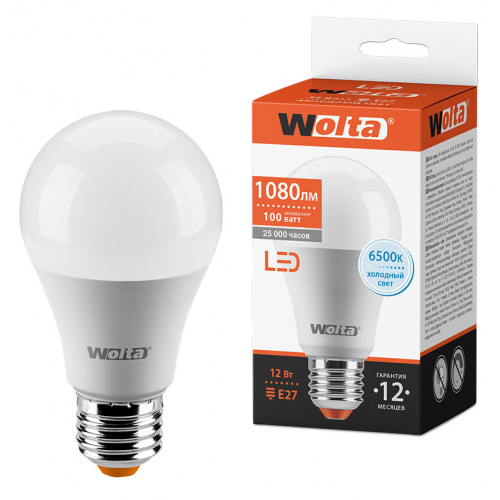 Лампа светодиодная WOLTA Груша A60 12Вт 6500К 1150лм Е27 1/50 (25W60BL12E27)