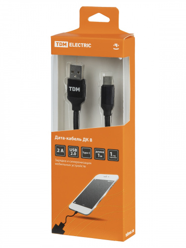 Дата-кабель TDM ДК 8, USB - USB Type-C, 1 м, тканевая оплетка, черный, (1/200) (SQ1810-0308) фото 2