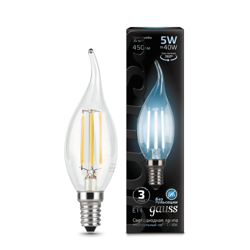 Лампа светодиодная GAUSS Filament Свеча на ветру 5W 450lm 4100К Е14 1/10/50 (104801205)