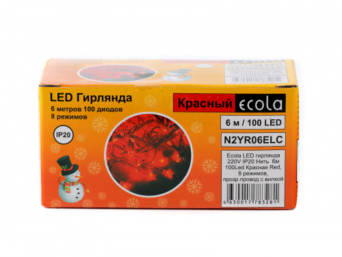 Гирлянда светодиодная ECOLA 220V IP20 Нить 6м 100Led Красная Red, 8 режимов, прозр.провод с вилкой (1/30) (N2YR06ELC) фото 4