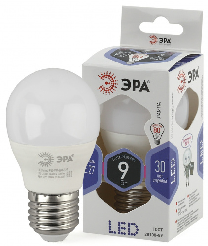 Лампа светодиодная ЭРА STD LED P45-9W-860-E27 E27 / Е27 9Вт шар холодный дневной свет (1/100) (Б0031412) фото 5