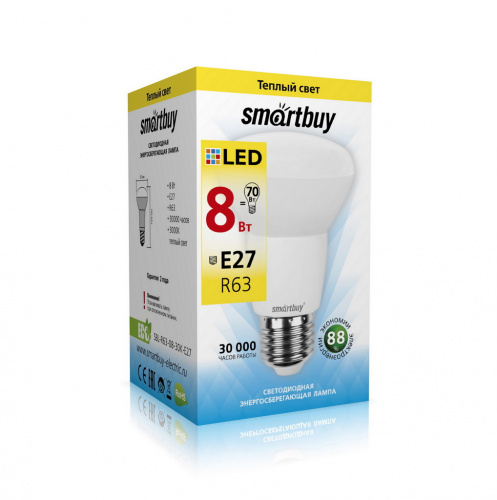 Лампа светодиодная SMARTBUY R63 8Вт 220V 3000K E27 (рефлекторная, теплый свет) (10/100) (SBL-R63-08-30K-E27)