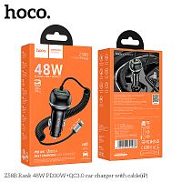 Блок питания автомобильный 1 USB HOCO Z58B Rank, 3.0A, пластик, QC3.0, PD30Вт, кабель 8 pin, цвет: чёрный (1/11/110) (6942007641487)