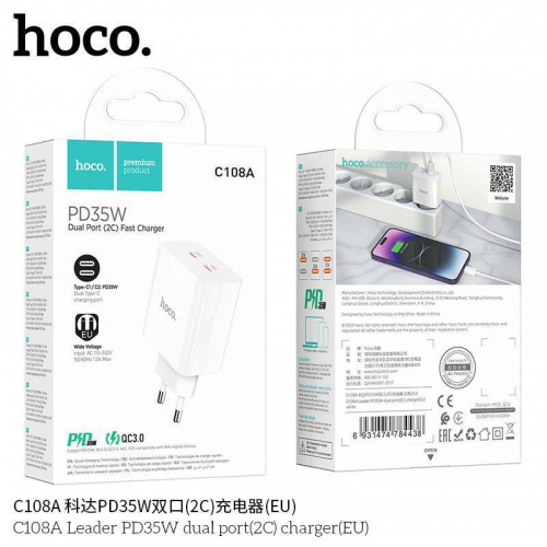Блок питания сетевой 2 Type-C HOCO C108A Leader, PD35Вт, QC3.0, цвет: белый (1/22/220) (6931474784438)