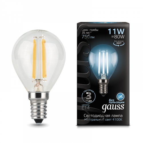 Лампа светодиодная GAUSS Filament Шар 11W 830lm 4100К Е14 1/10/50 (105801211) Лампа светодиодная GAUSS Filament Шар 11W 830lm 4100К Е14 1/10/50 (105801211)