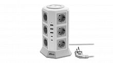 Сетевой фильтр RITMIX RM-2123C White, башня, 12 розеток, 16А, 4000Вт, 2хType C + 3х USB, 2 кнопки питания, кабель медный 2м, с заземлением (1/12) (80003366)