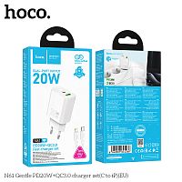 Блок питания сетевой 1 USB, 1 Type-C HOCO N61 Gentle, 3.0A, PD20Вт, кабель Type-C - 8 pin, цвет: чёрный (1/12/120) (6942007644259)