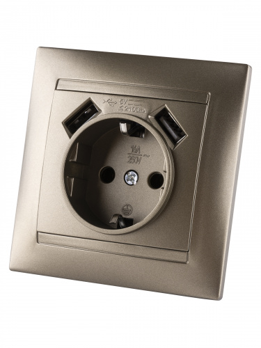 Розетка 2П+З 16А 250В + 2 USB порта 2,1А 5В бронза с/у, "Лама" (1/96) TDM (SQ1815-0742) фото 5 Розетка 2П+З 16А 250В + 2 USB порта 2,1А 5В бронза с/у, "Лама" (1/96) TDM (SQ1815-0742) фото 5