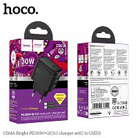 Блок питания сетевой 1 USB, 1 Type-C HOCO CS61A Bright, 3.0A, PD30Вт, кабель Type-C - Type-C, цвет: чёрный (1/32/192) (6942007638449)
