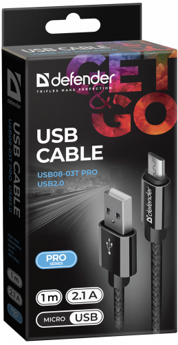 Кабель DEFENDER USB08-03T PRO USB2.0, черный, AM-MicroBM, 1m, 2.1A (1/100) (87802) фото 6