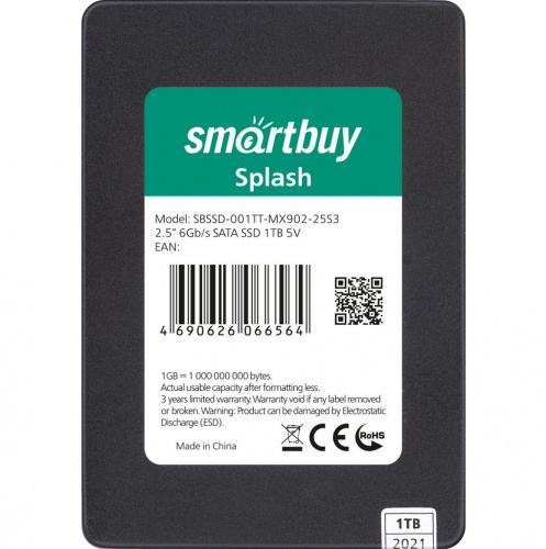 Внутренний SSD  Smart Buy 1TB  Splash, SATA-III, R/W - 560/520 MB/s, 2.5", Maxio MS0902, TLC 3D NAND (SBSSD-001TT-MX902-25S3)