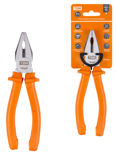 Пассатижи (плоскогубцы), с пластиковыми рукоятками, углеродистая сталь, 180 мм, серия "Гранит" TDM (1/48) (SQ1009-0102)