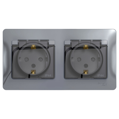 Розетка 2-м С/У GLOSSA 16А IP44 с заземл. защ. шторки в сборе алюм. Systeme Electric GSL000347 (1/9/18)