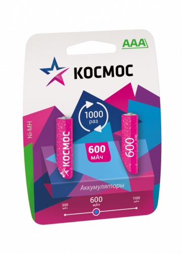 Аккумулятор КОСМОС  R03 (600 mAh)  BL2 (2/24/288) (KOCR03NIMH(600MAH))