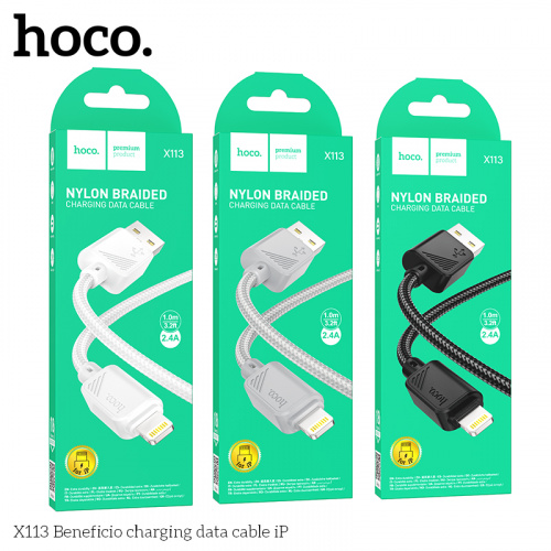 Кабель USB - 8 pin HOCO X113 Beneficio, 1.0м, круглый, 2.4А, нейлон, цвет: чёрный (1/31/310) (6942007646116)
