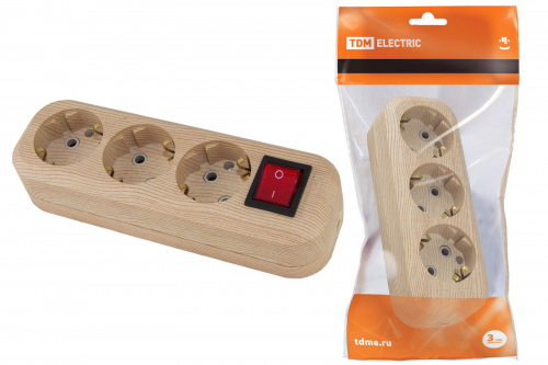Колодка розеточная 3 гнезда 2П+3 с выключателем16А 250В "Эко" (сосна) TDM (1/120) (SQ1806-0049)