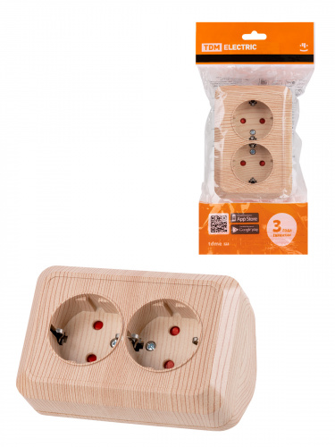 Розетка TDM угловая двойная 2П+3 открытой установки с з/ш IP20 250В 16А сосна "Ладога" (6/72) (SQ1801-0443)