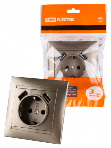 Розетка 2П+З 16А 250В + 2 USB порта 2,1А 5В бронза с/у, "Лама" (1/96) TDM (SQ1815-0742) Розетка 2П+З 16А 250В + 2 USB порта 2,1А 5В бронза с/у, "Лама" (1/96) TDM (SQ1815-0742)