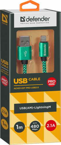 Кабель DEFENDER ACH01-03T PRO USB2.0, зеленый, AM-LightningM, 1m, 2.1A (1/100) (87810) фото 10
