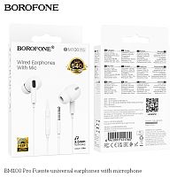 Наушники внутриканальные Borofone BM100 Pro Fuente, пластик, микрофон, кабель Jack 3.5mm, 1.2м, цвет: белый (1/244) (6941991121760)