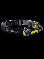 Фонарь КОСМОС светодиодный KocH103WLith налобный аккумуляторный с зумом, 3Вт ХРЕ, 3Вт СОВ, литий 1200mAh, 3 режима, регул-ка наклона,магнит (1/24/120)