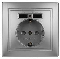 Розетка+USB INTRO IP20, СУ, Plano, алюминий (10/100/2400) 1-410-03 (Б0043249)