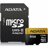Карта памяти MicroSD  64GB  A-Data Class 10 Premier One A2 UHS-II U3 V30 (290/260 Mb/s) + SD адаптер (ASDX64GUII3CL10-C)