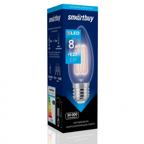Лампа светодиодная SMARTBUY филамент Свеча C37 8Вт 6000К E27 (SBL-C37F-8-60K-E27) (1/100)