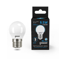 Лампа светодиодная GAUSS Шар 6.5W 550lm 6500K E27 1/10/100 (105102307)