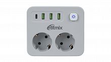 Сетевой фильтр RITMIX RM-023PD White, 2 розетки, 16A, 4000Вт, 30Вт USB-C + 3х USB-A, кнопка питания, встр.вилка с заземлением (1/48) (80003766)