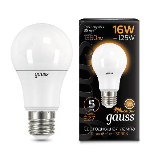 Лампа светодиодная GAUSS A60 16W 1440lm 3000K E27 1/10/50 (102502116)