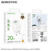 Блок питания сетевой 1 USB, 1 Type-C Borofone BA93A Lustrous, пластик, PD20Вт, QC3.0, кабель Type-C - 8 pin , цвет: белый (1/30/120) (6941991119941)