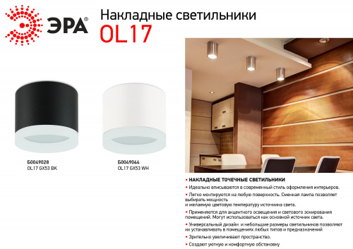 Светильник ЭРА OL17 GX53 BK накладной потолочный под лампу GX53, алюминий, цвет черный (1/40) (Б0049028)