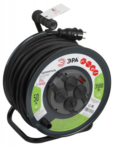 Удлинитель ЭРА силовой RMx-4es-3x2.5-50m-IP44(KG) на металлической катушке с заземлением с выключателем 4 розетки 50м КГ (1/1) (Б0052919)