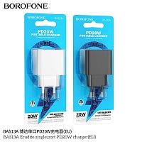 Блок питания сетевой 1 Type-C Borofone BAS13A Erudite, пластик, PD20Вт, QC3.0, цвет: чёрный (1/64/256) (6941991104855)
