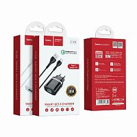 Блок питания сетевой 1 USB HOCO C12Q, 3000mA, пластик, QC3.0, кабель Type-C, цвет: чёрный (1/10/100) (6931474716293)