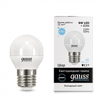 Лампа светодиодная GAUSS Elementary Шар 6W 470lm 6500K Е27 1/10/100 (53236)
