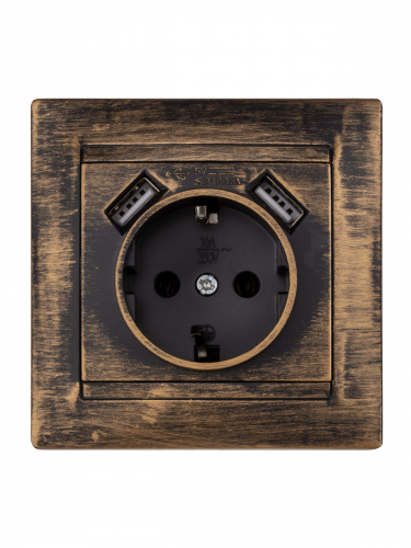 Розетка 2П+З 16А 250В + 2 USB порта 2,1А 5В старинная бронза с/у, "Лама" (1/96) TDM (SQ1815-0772) фото 4 Розетка 2П+З 16А 250В + 2 USB порта 2,1А 5В старинная бронза с/у, "Лама" (1/96) TDM (SQ1815-0772) фото 4