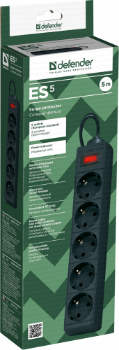 Сетевой фильтр DEFENDER ES, 5 розеток, ПВС 3*1,0 мм2, мощность 2200 Вт, ток 10А, чёрный, 5 м (1/35) (99486) фото 9
