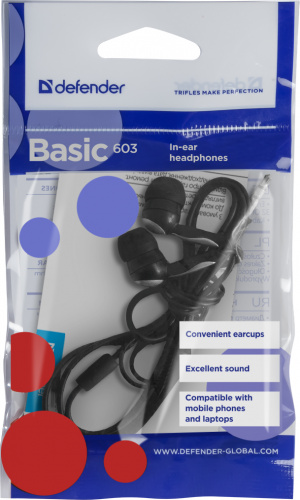 Наушники внутриканальные DEFENDER Basic 603 вакуумные, шнур 1.1 м, черные (1/100) (63603) фото 5